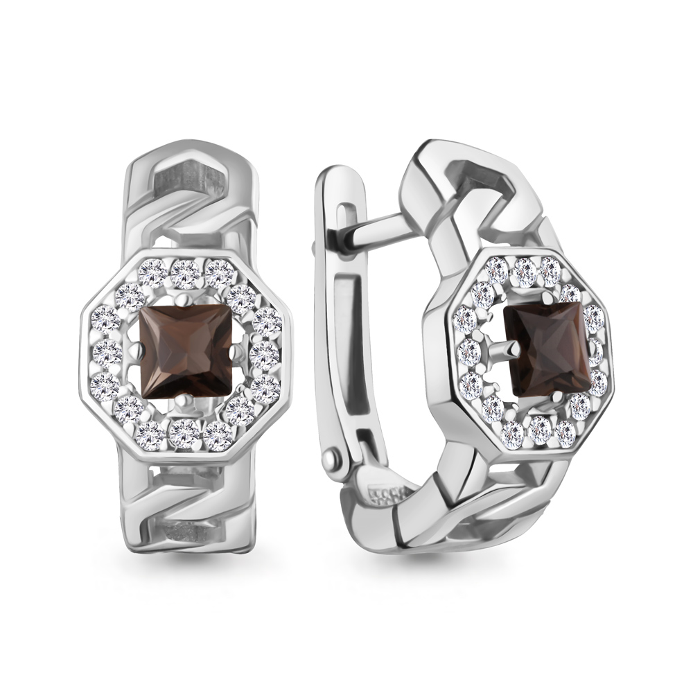 Серьги из серебра с раухтопазом и фианитами