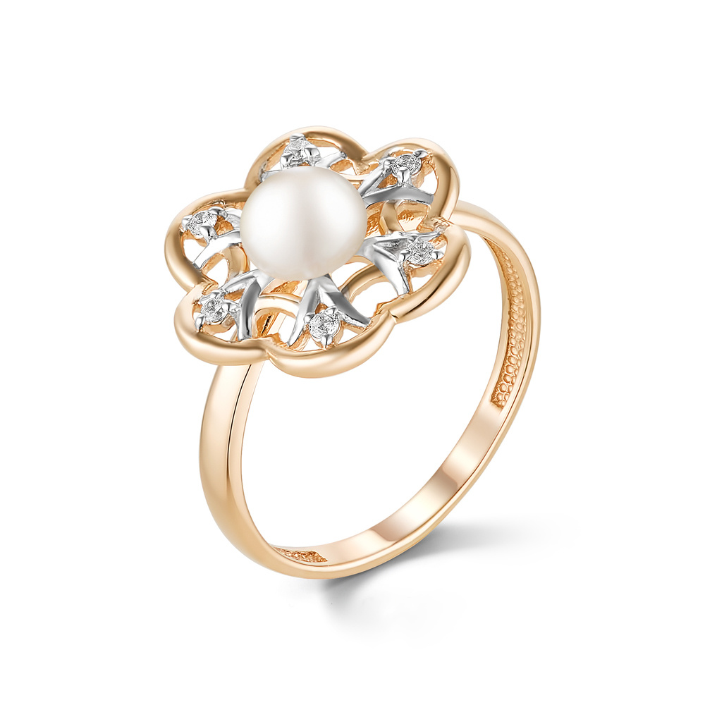 Кольцо из красного золота с жемчугом и фианитами