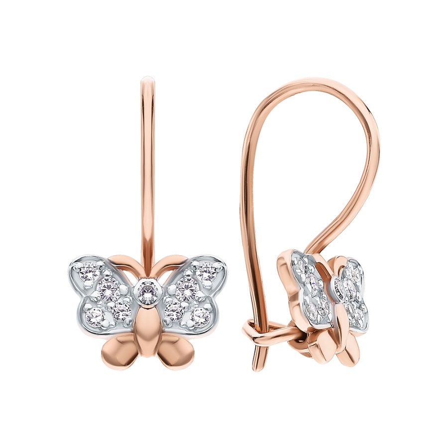 Серьги «Бабочки» из красного золота 585 пробы с фианитами