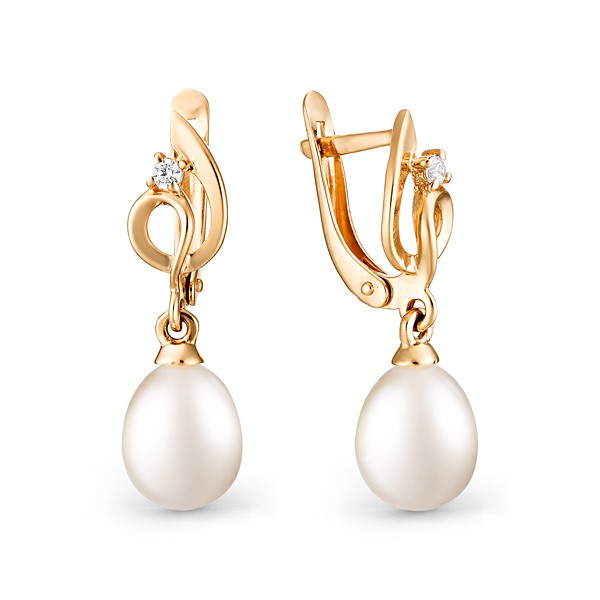 Серьги из красного золота с жемчугом и фианитами