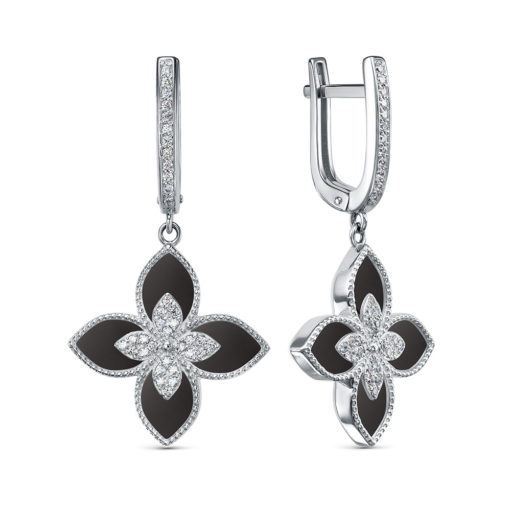 Серьги из серебра с черным ониксом и фианитами