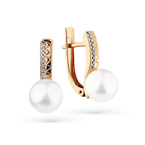 Серьги из красного золота с жемчугом и фианитами