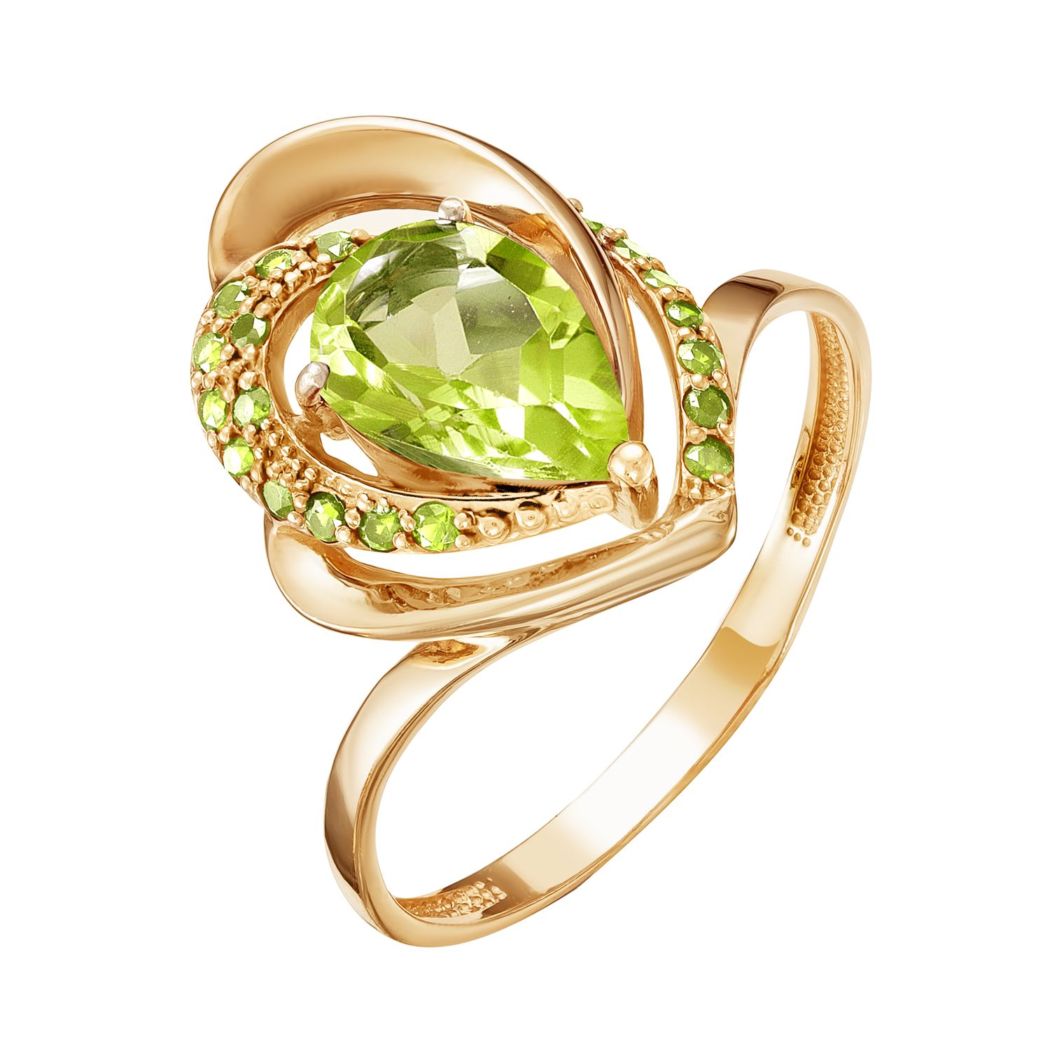 Кольцо из красного золота с хризолитом и фианитами