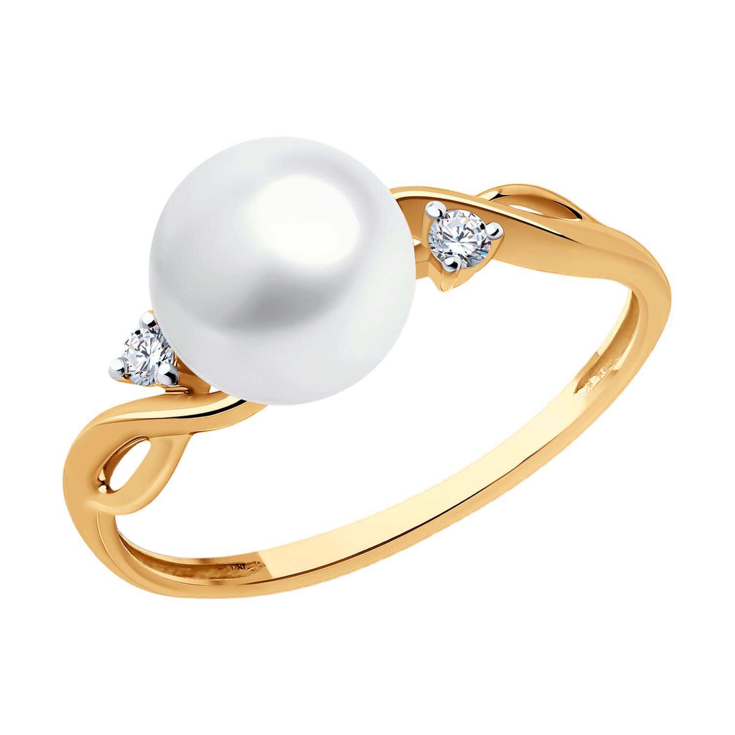 Кольцо из красного золота с жемчугом и фианитами