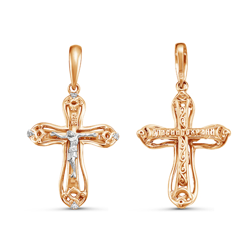 Крестик христианский из красного золота с бриллиантами