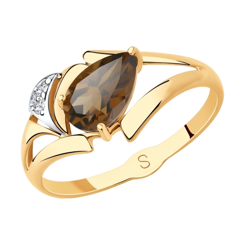 Кольцо из красного золота с раухтопазом и фианитами