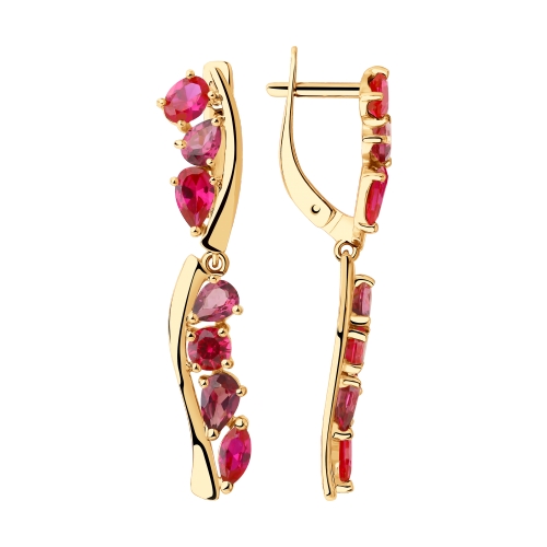 Серьги из красного золота с корундами и родолитами