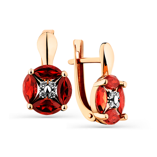 Серьги из красного золота с гранатами и фианитами