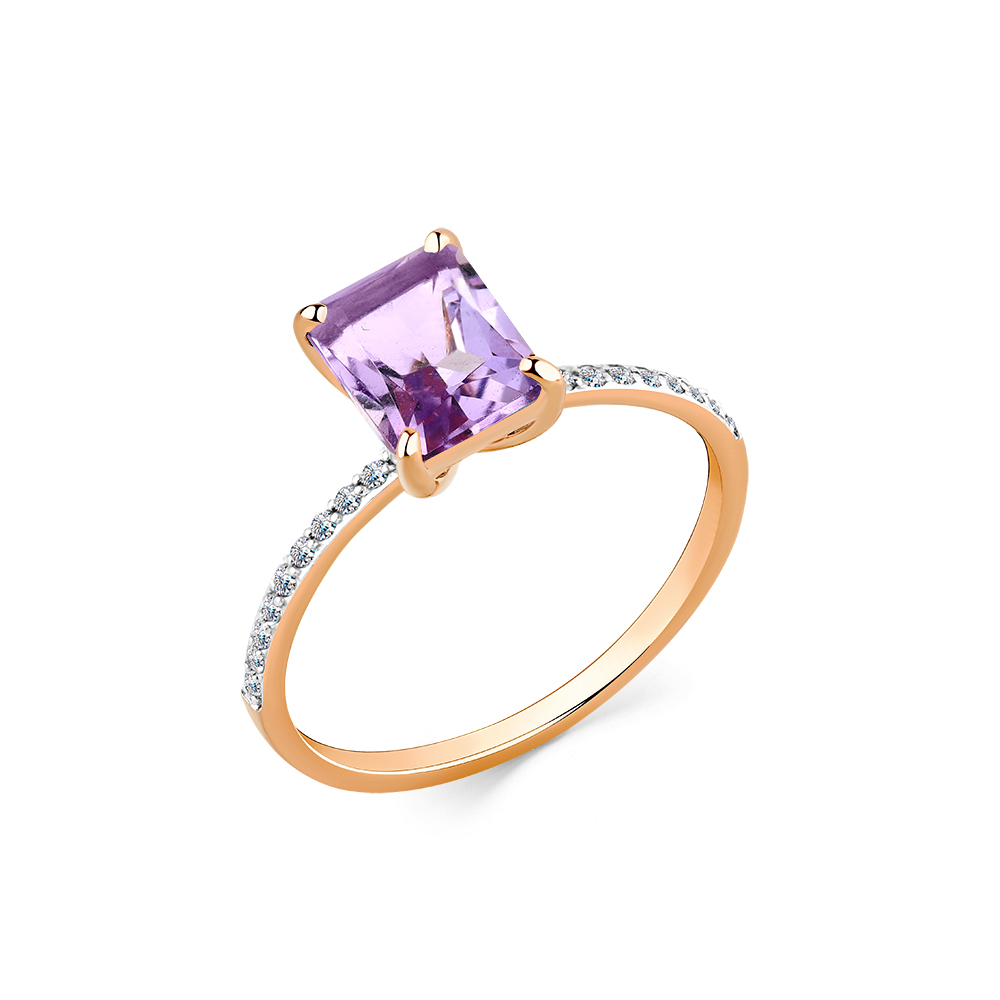 Кольцо из красного золота с аметистом и фианитами