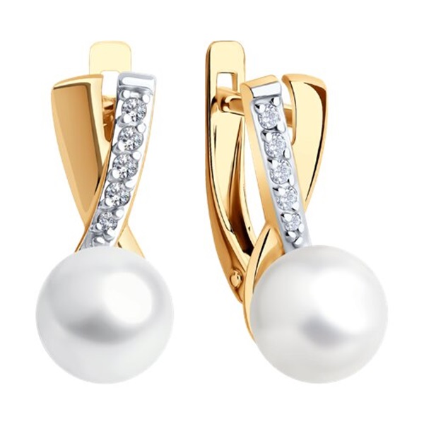 Серьги из красного золота с жемчугом и фианитами