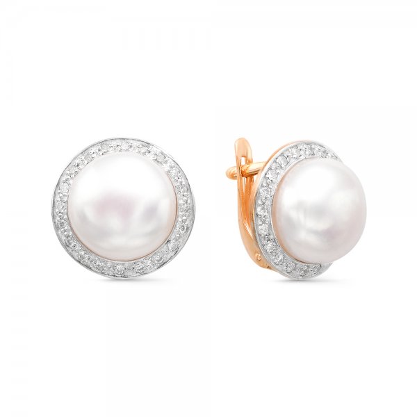 Серьги из красного золота с жемчугом и фианитами