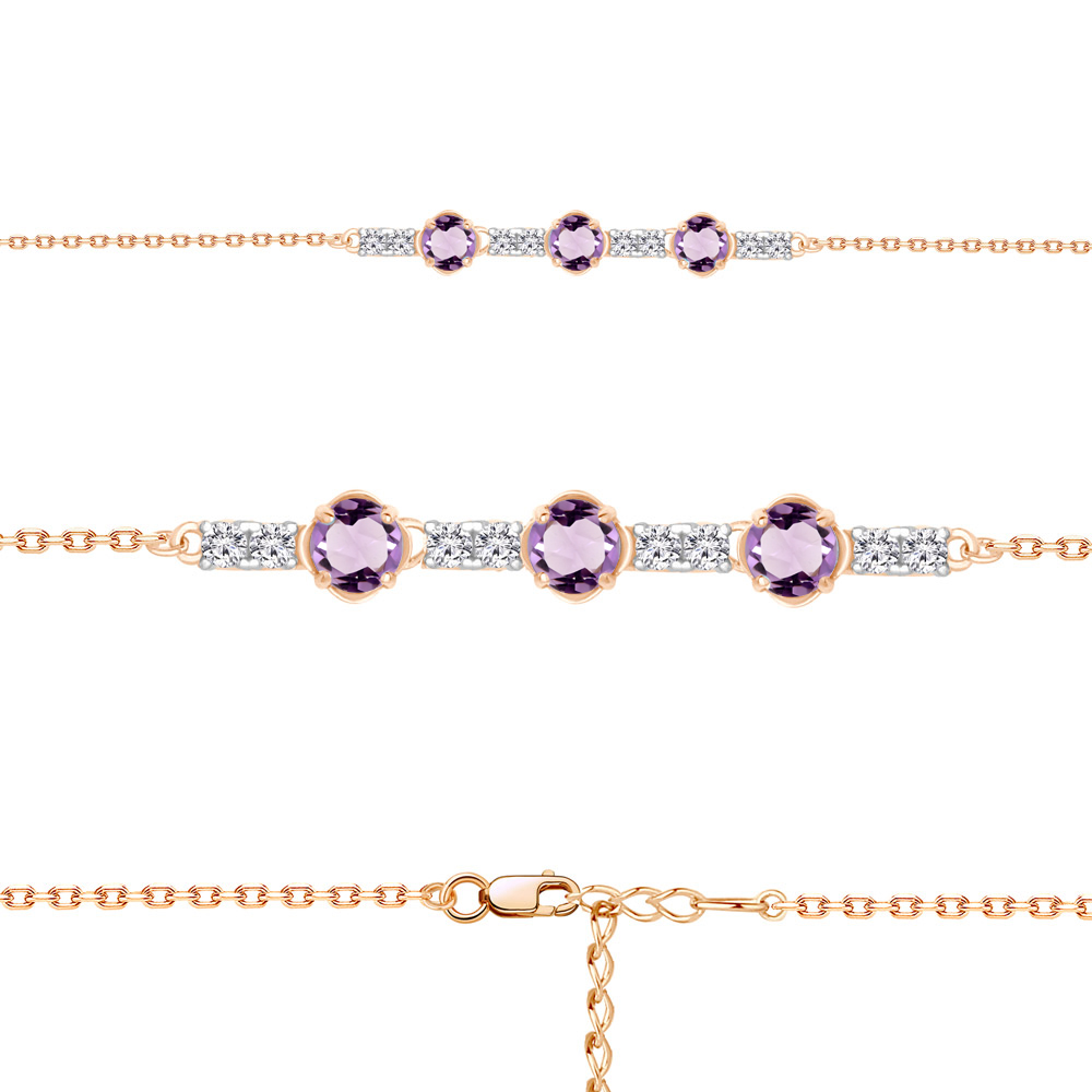 Браслет из красного золота с аметистами и фианитами