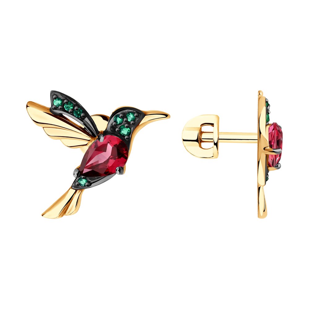 Серьги пусеты «Колибри» из красного золота с родолитами и фианитами