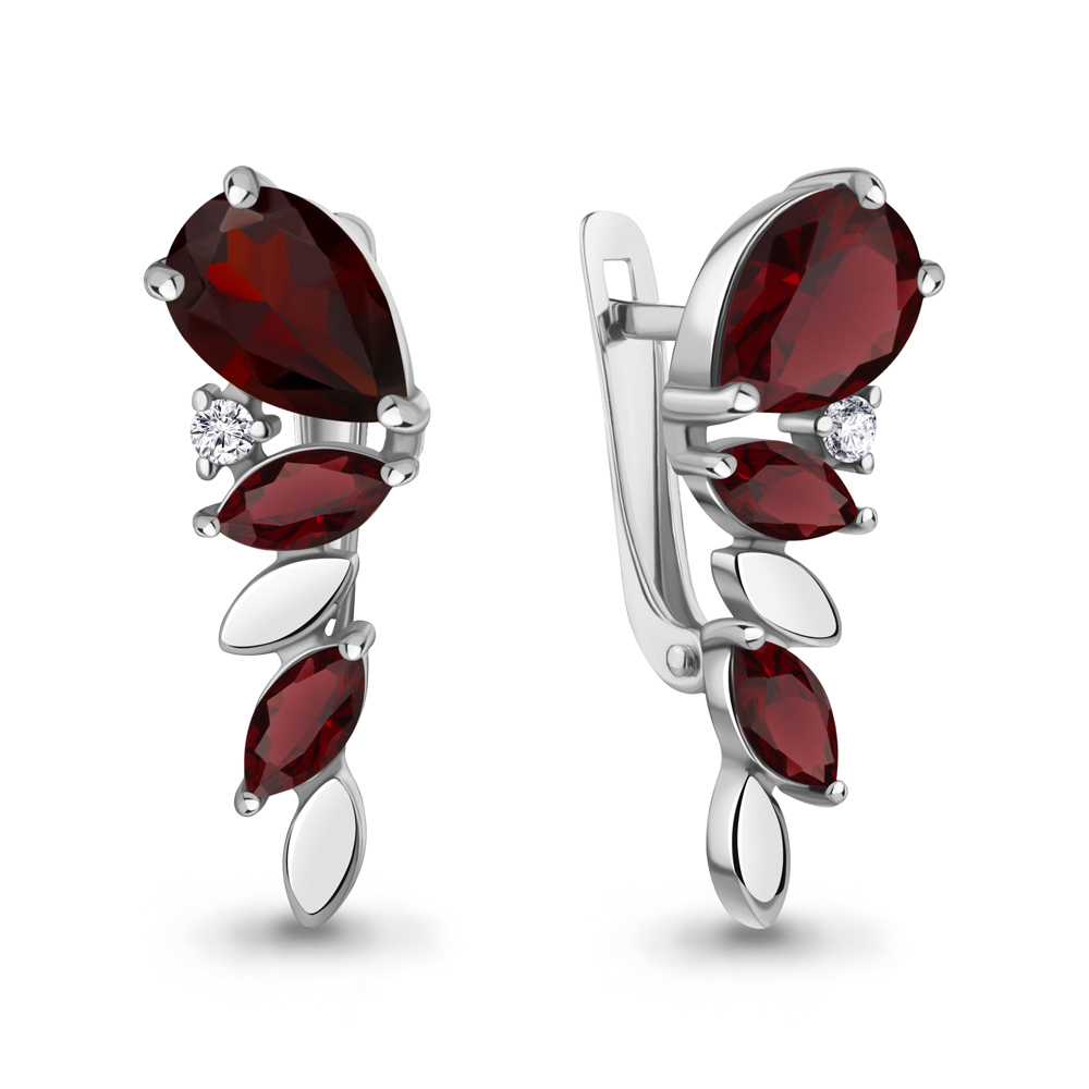 Серьги из серебра с гранатом и фианитами