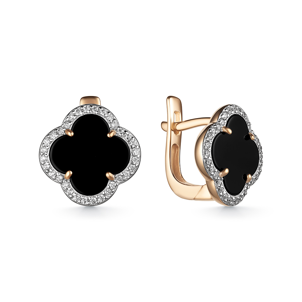 Серьги из красного золота с фианитами и ониксом