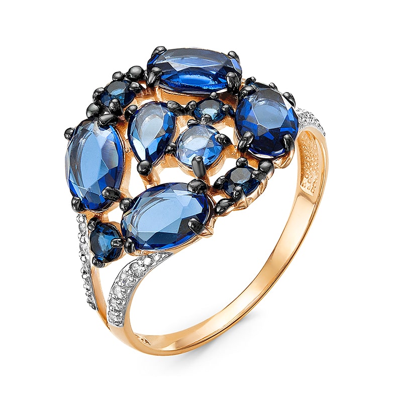 Кольцо из красного золота с кварцем, ситаллами и фианитами