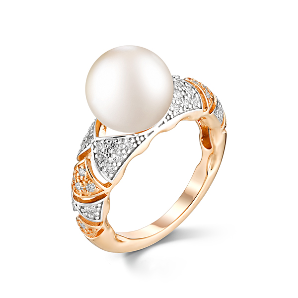 Кольцо из красного золота с жемчугом и фианитами