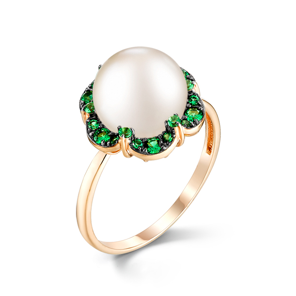Кольцо из красного золота с жемчугом и фианитами