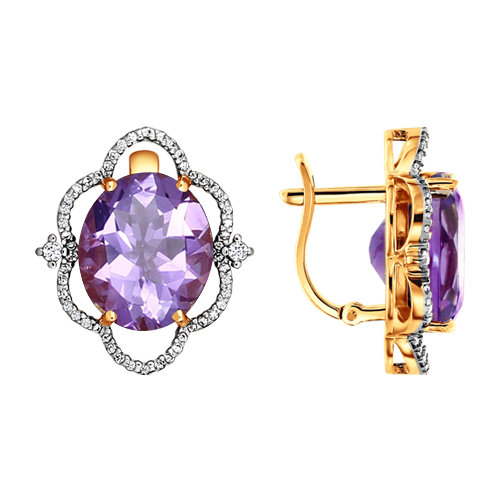 Серьги из красного золота с аметистами и фианитами
