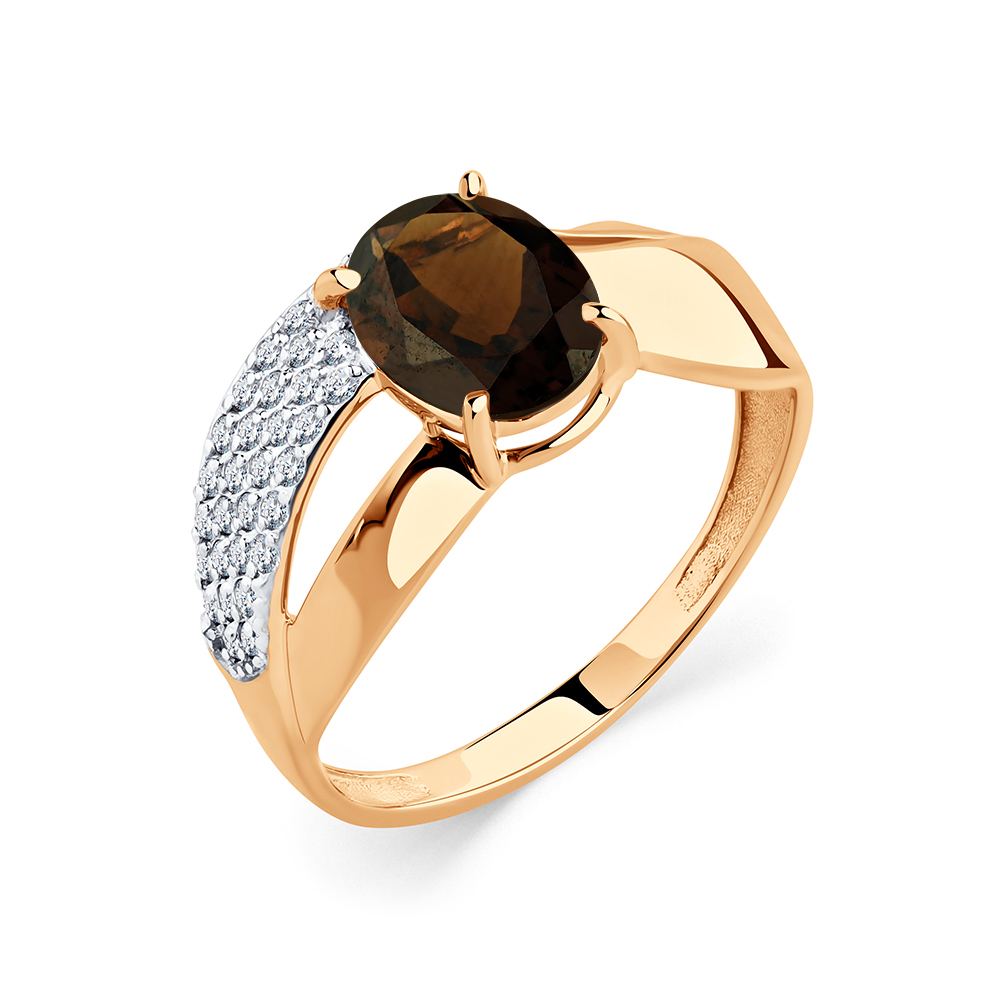 Кольцо из красного золота с раухтопазом и фианитами