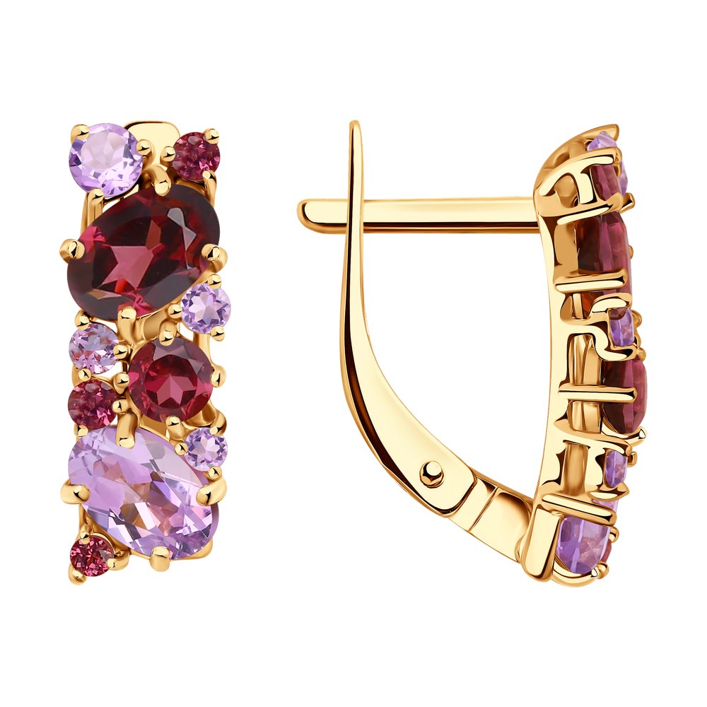 Серьги из красного золота с аметистами и родолитами