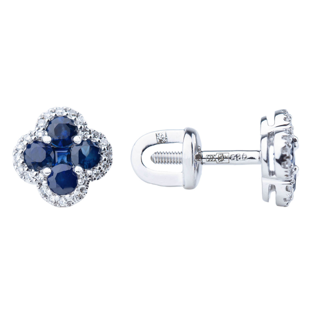 Серьги-пусеты из белого золота с сапфирами и бриллиантами
