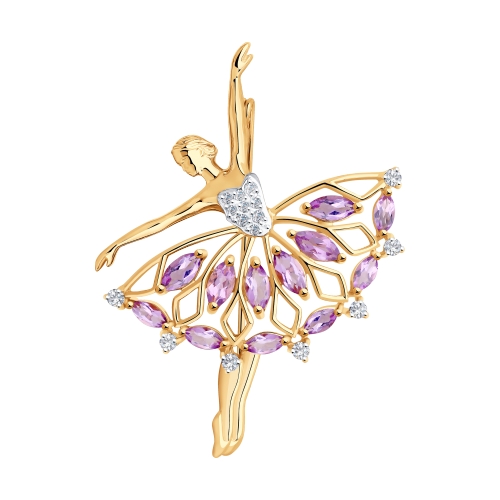 Брошь «Балерина» из красного золота с аметистами и фианитами