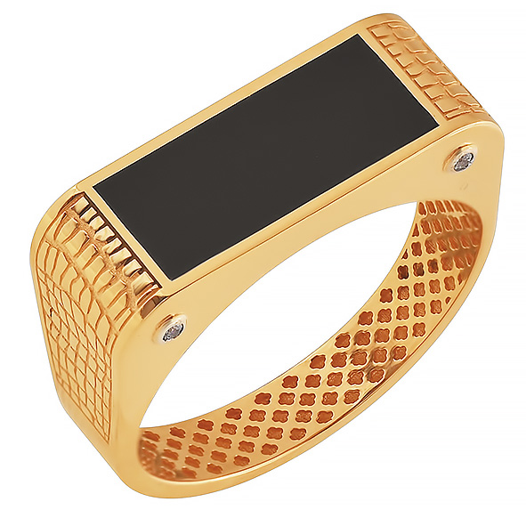 Печатка из красного золота с черным агатом и фианитами