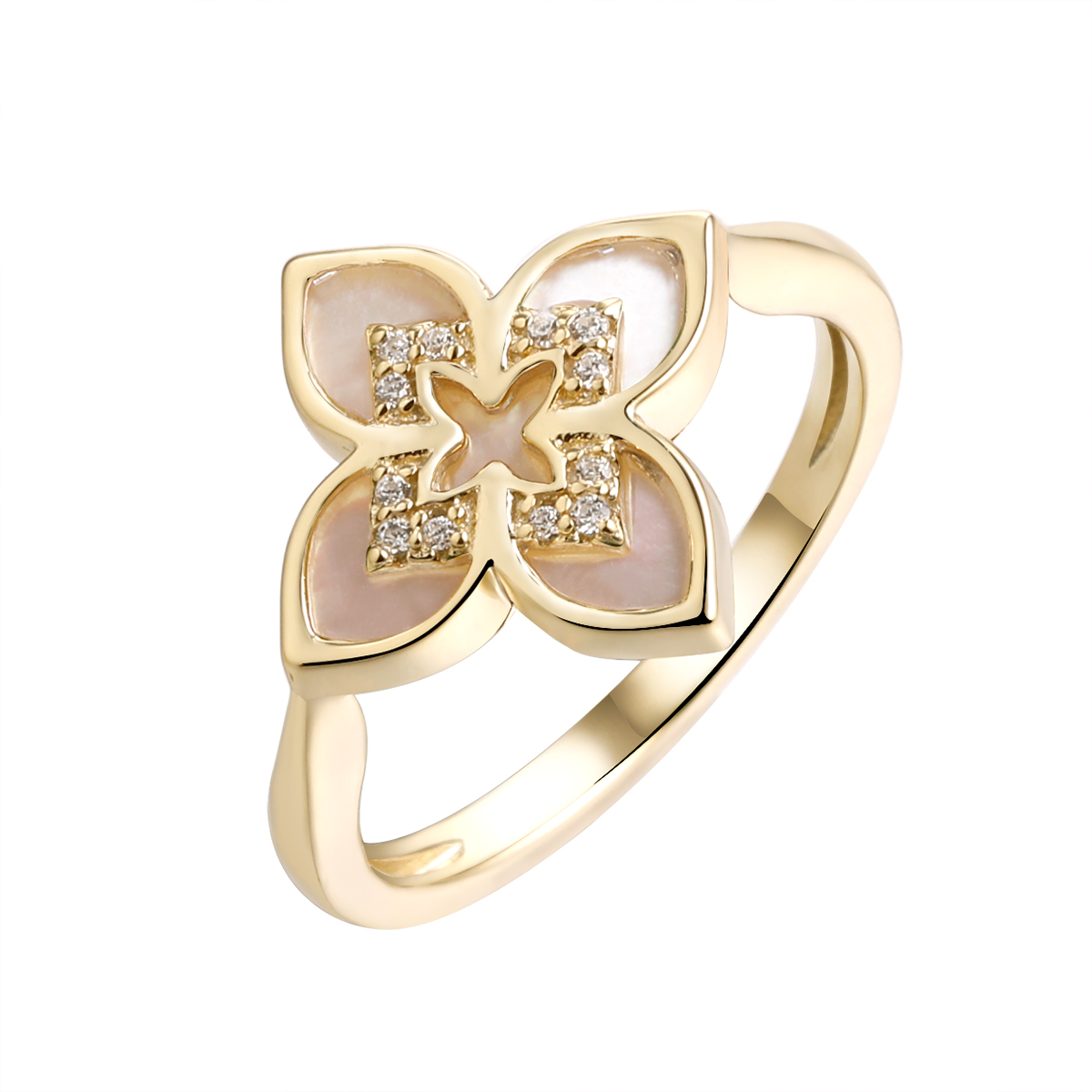 Кольцо из позолоченного серебра с перламутром и фианитами