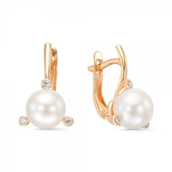 Серьги из красного золота с жемчугом и фианитами