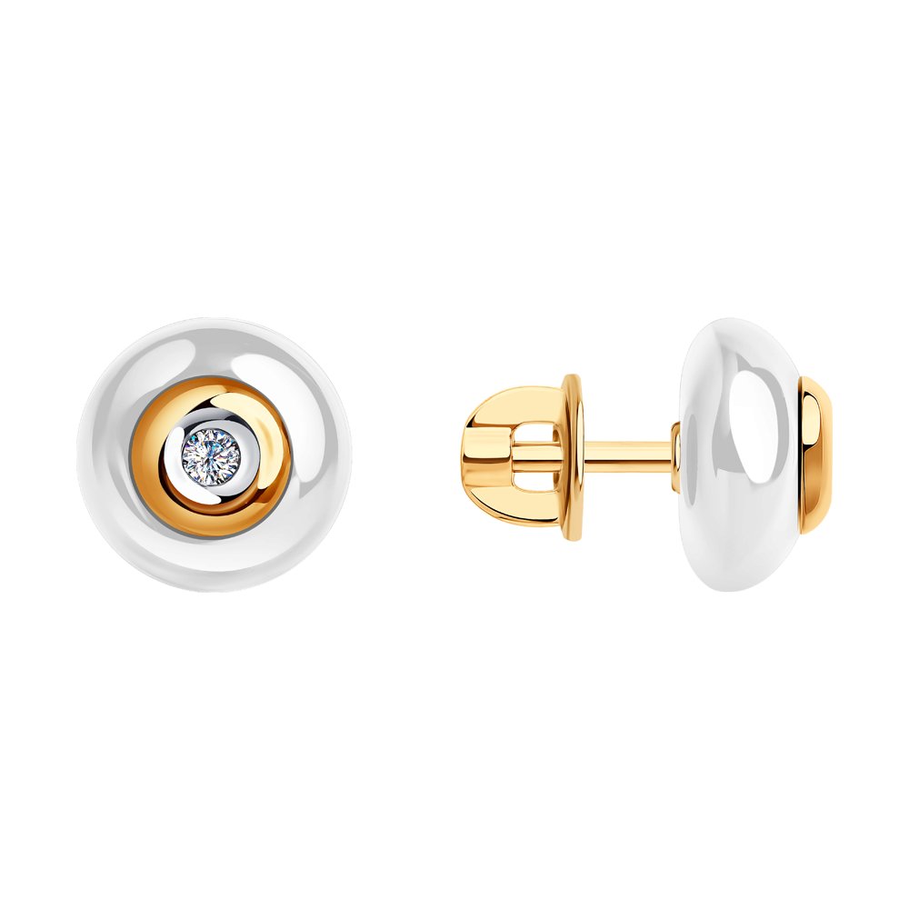 Серьги пусеты из красного золота с бриллиантами и керамикой