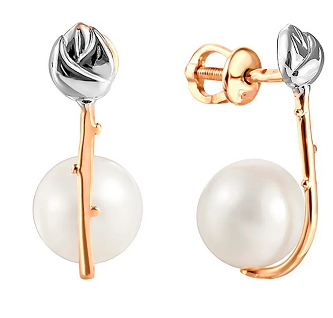 Серьги пусеты из красного золота с жемчугом