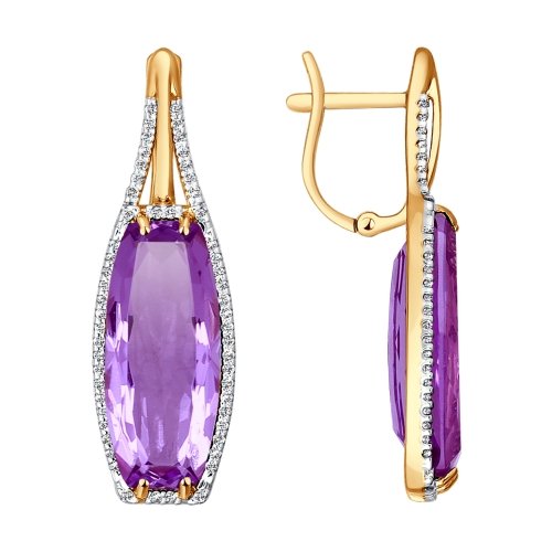 Серьги из красного золота с аметистами и фианитами