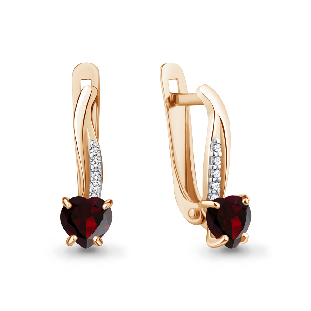 Серьги из красного золота с гранатом и фианитами