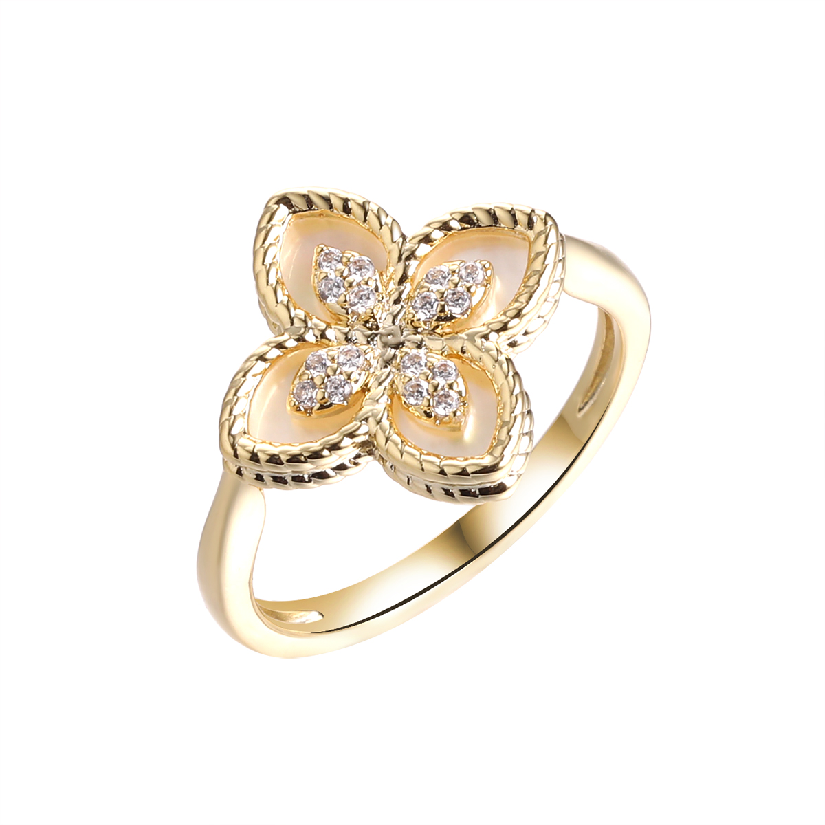 Кольцо из позолоченного серебра с пеламутром и фианитами