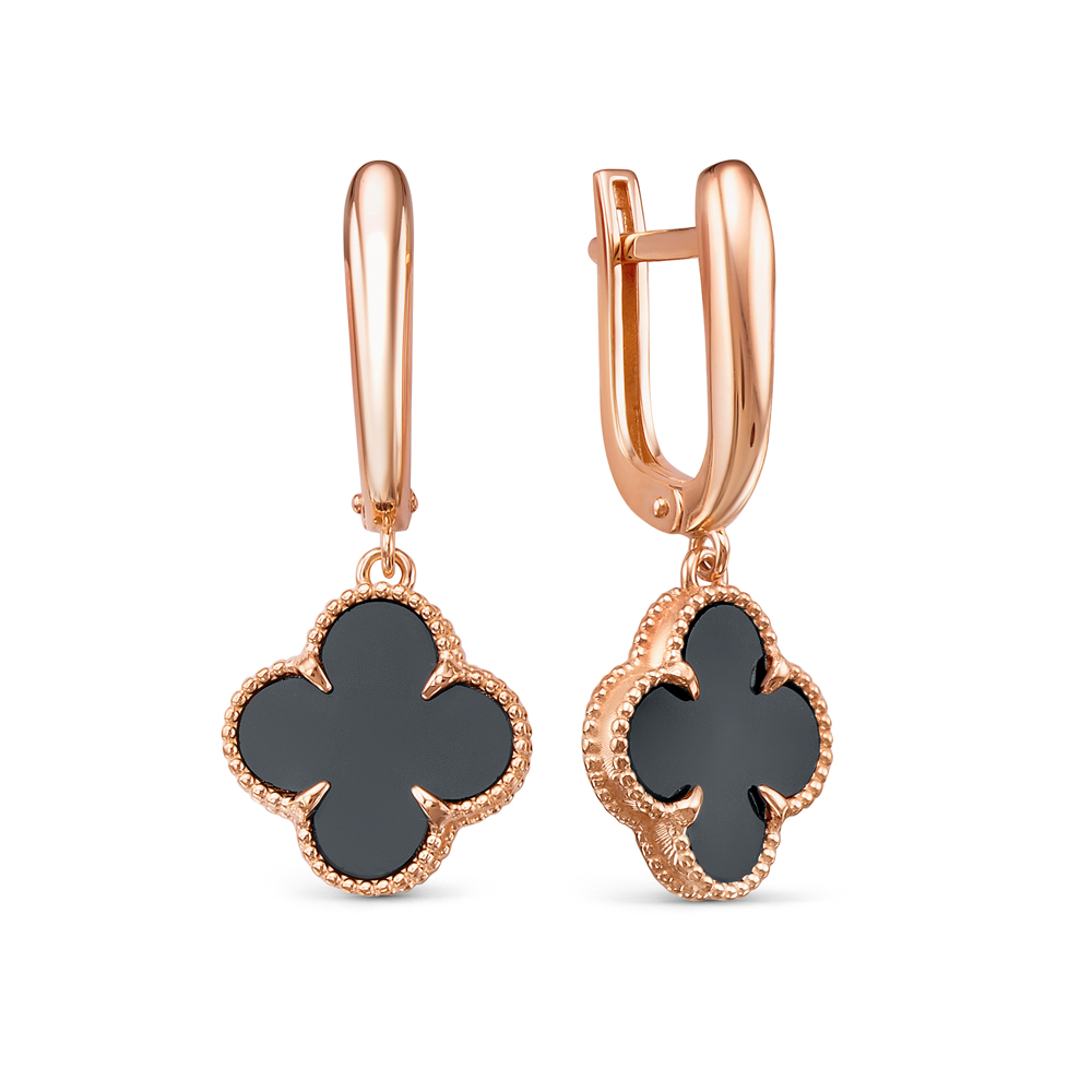 Серьги из красного золота с ониксом «Клевер»