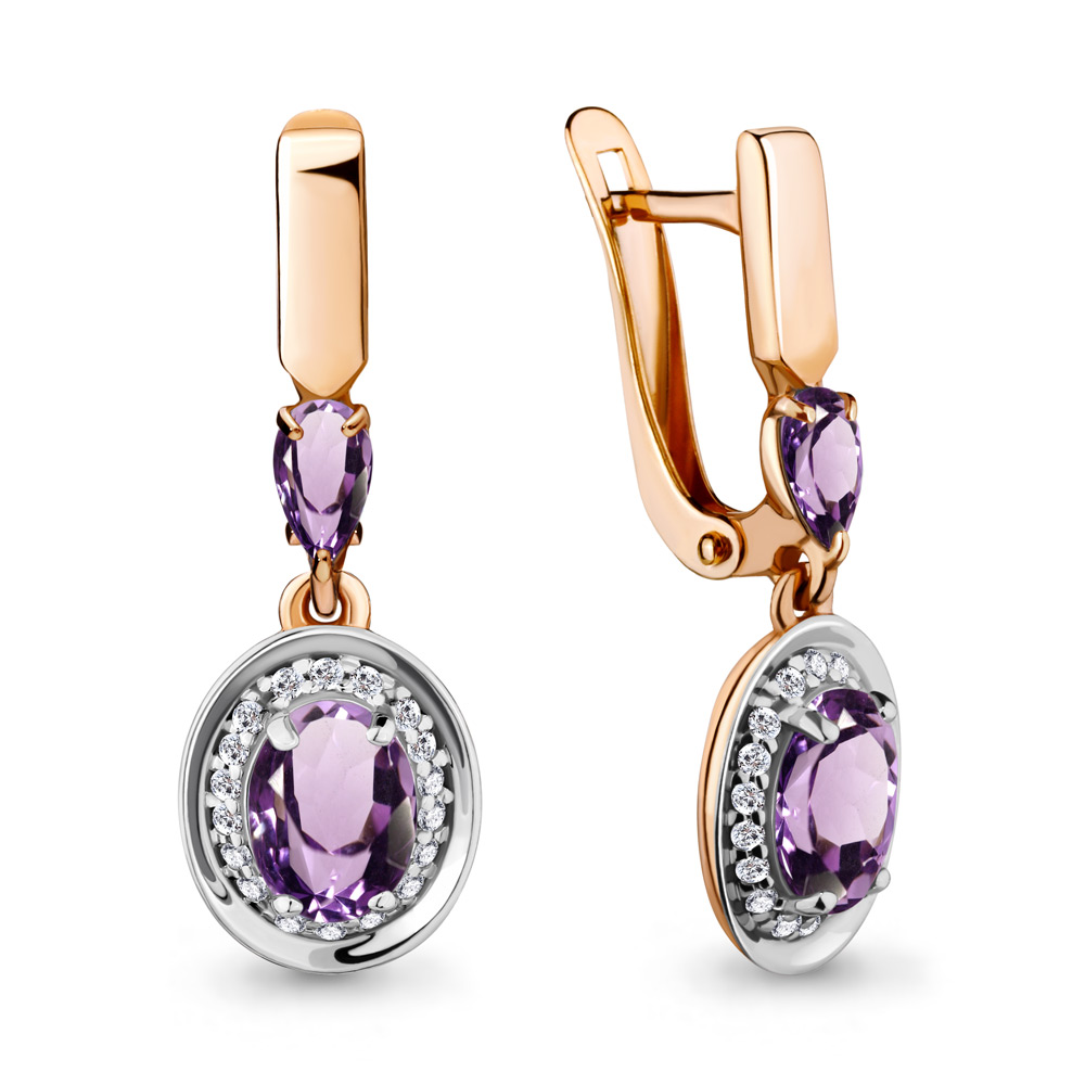 Серьги из красного золота с аметистами и фианитами