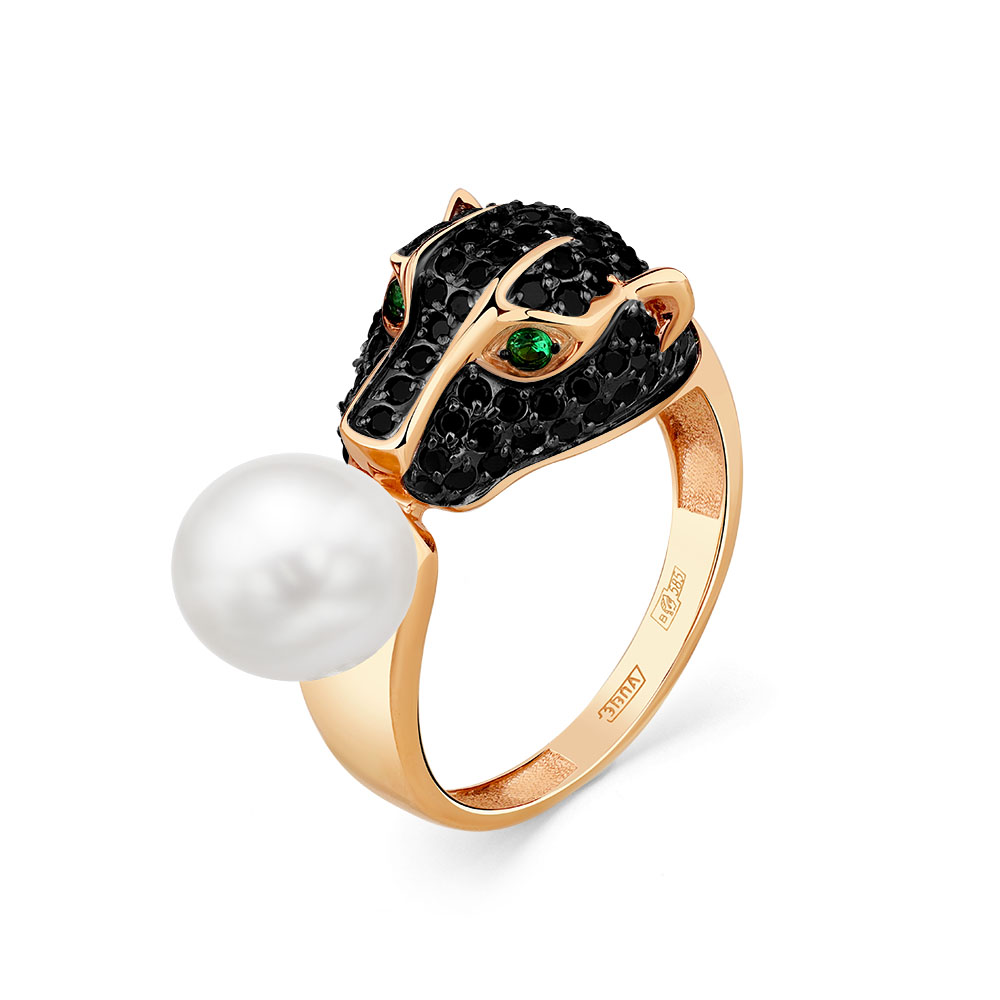 Кольцо из красного золота с жемчугом и фианитами