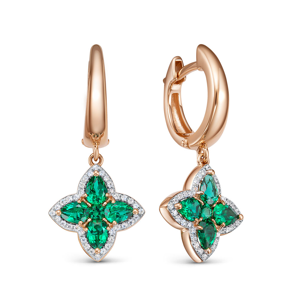 Серьги из красного золота с наноситал-изумрудами и фианитами
