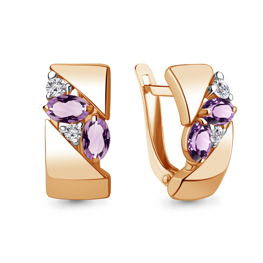 Серьги из красного золота с аметистами и фианитами