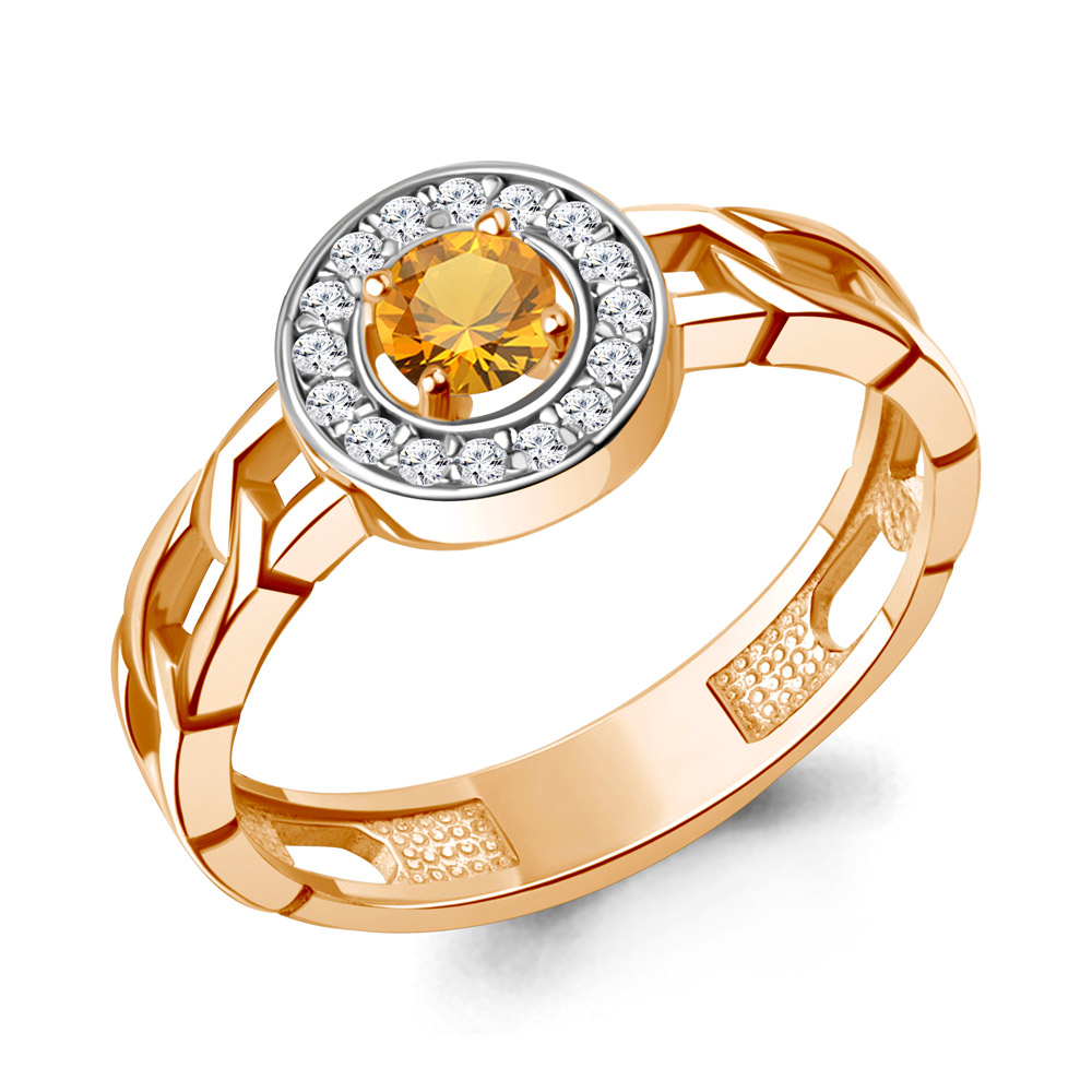 Кольцо из красного золота с цитрином и фианитами