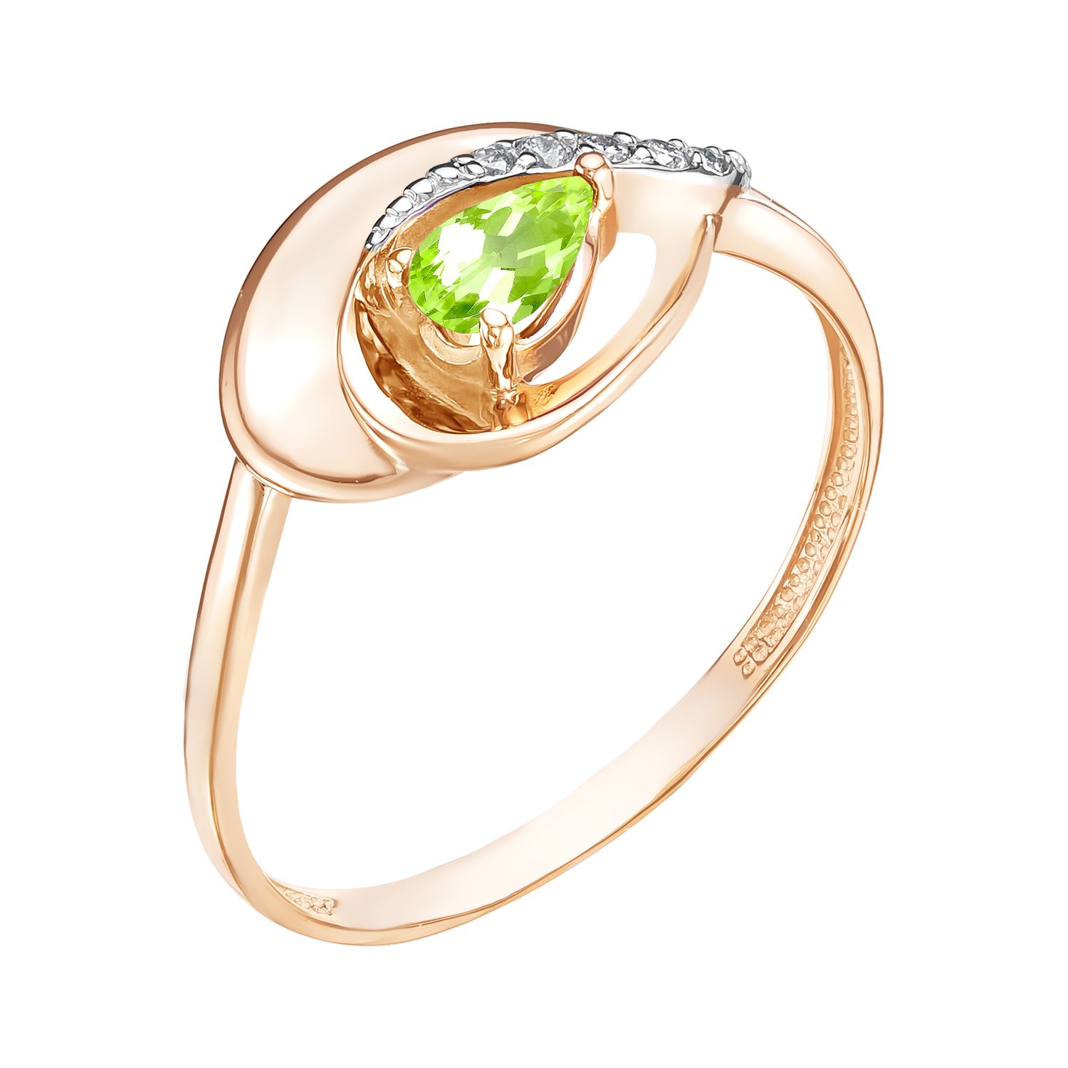 Кольцо из красного золота с хризолитом и фианитами