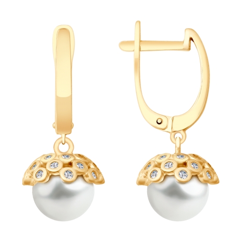 Серьги из красного золота с жемчугом и фианитами