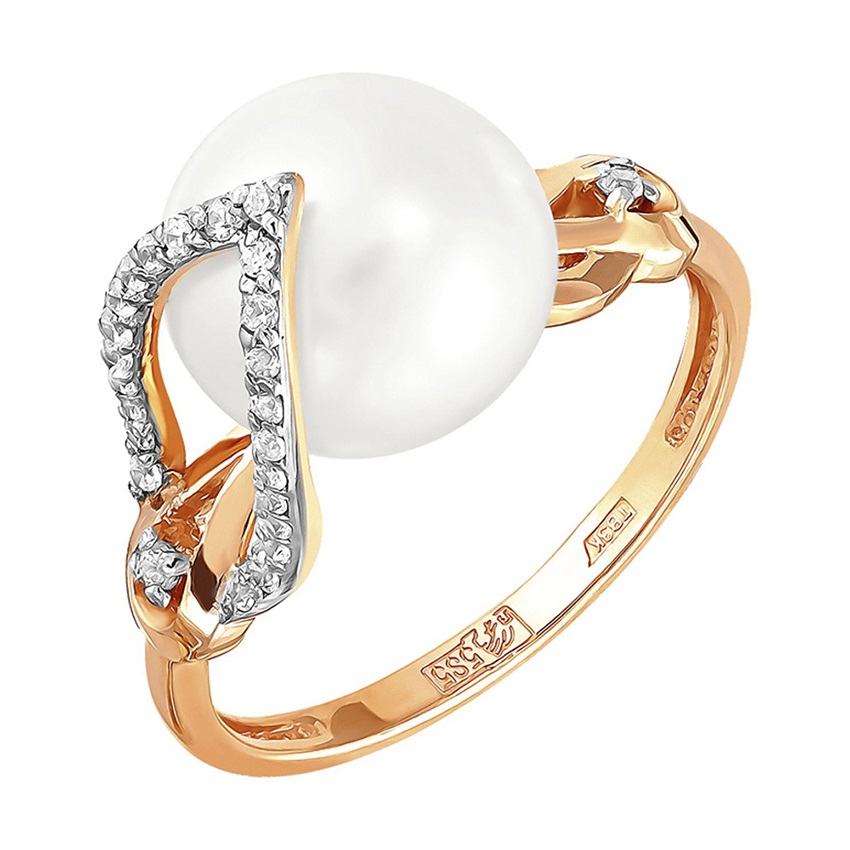 Кольцо из красного золота с жемчугом и фианитами