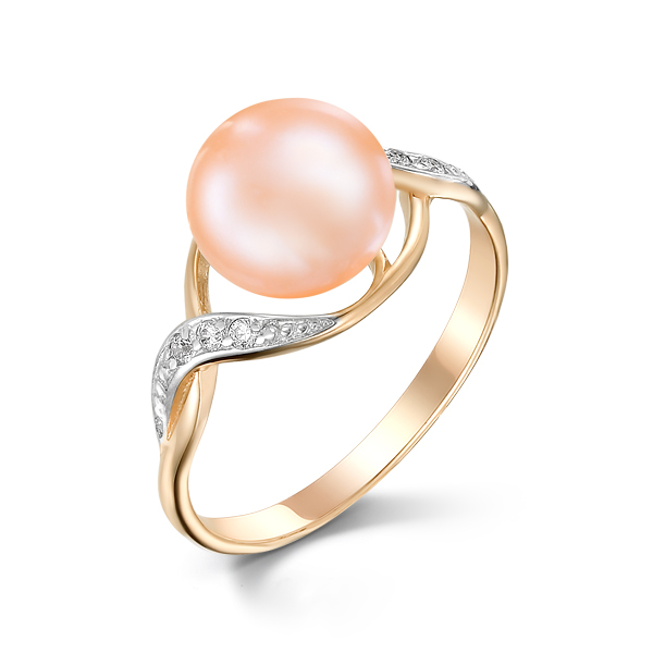 Кольцо из красного золота с жемчугом и фианитами