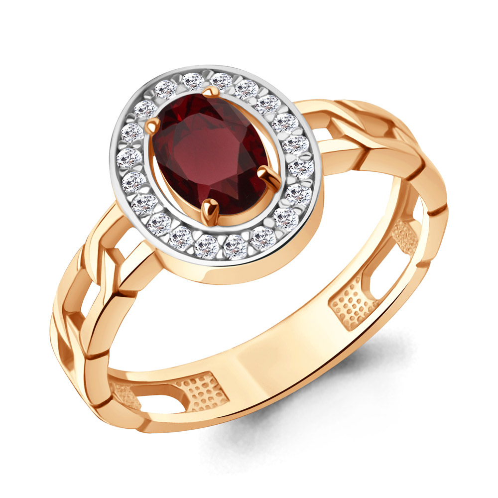 Кольцо из красного золота с гранатом и фианитами