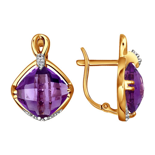 Серьги из красного золота с аметистами и фианитами