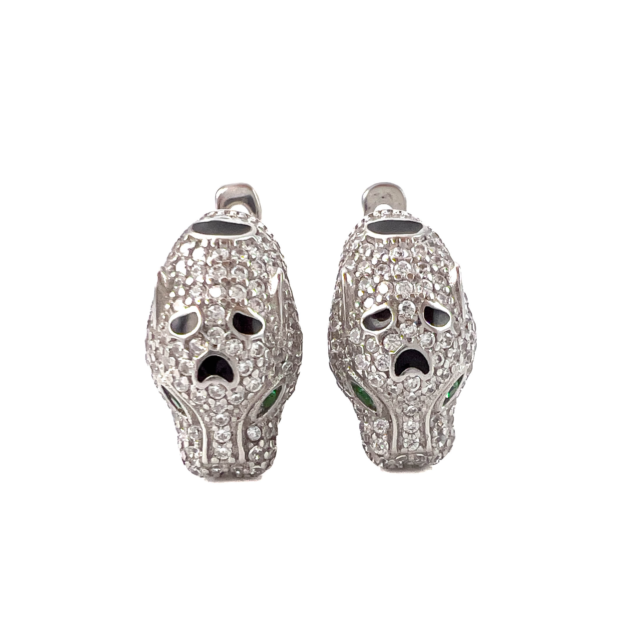 Серьги из серебра в виде головы пантеры с цирконом и эмалью