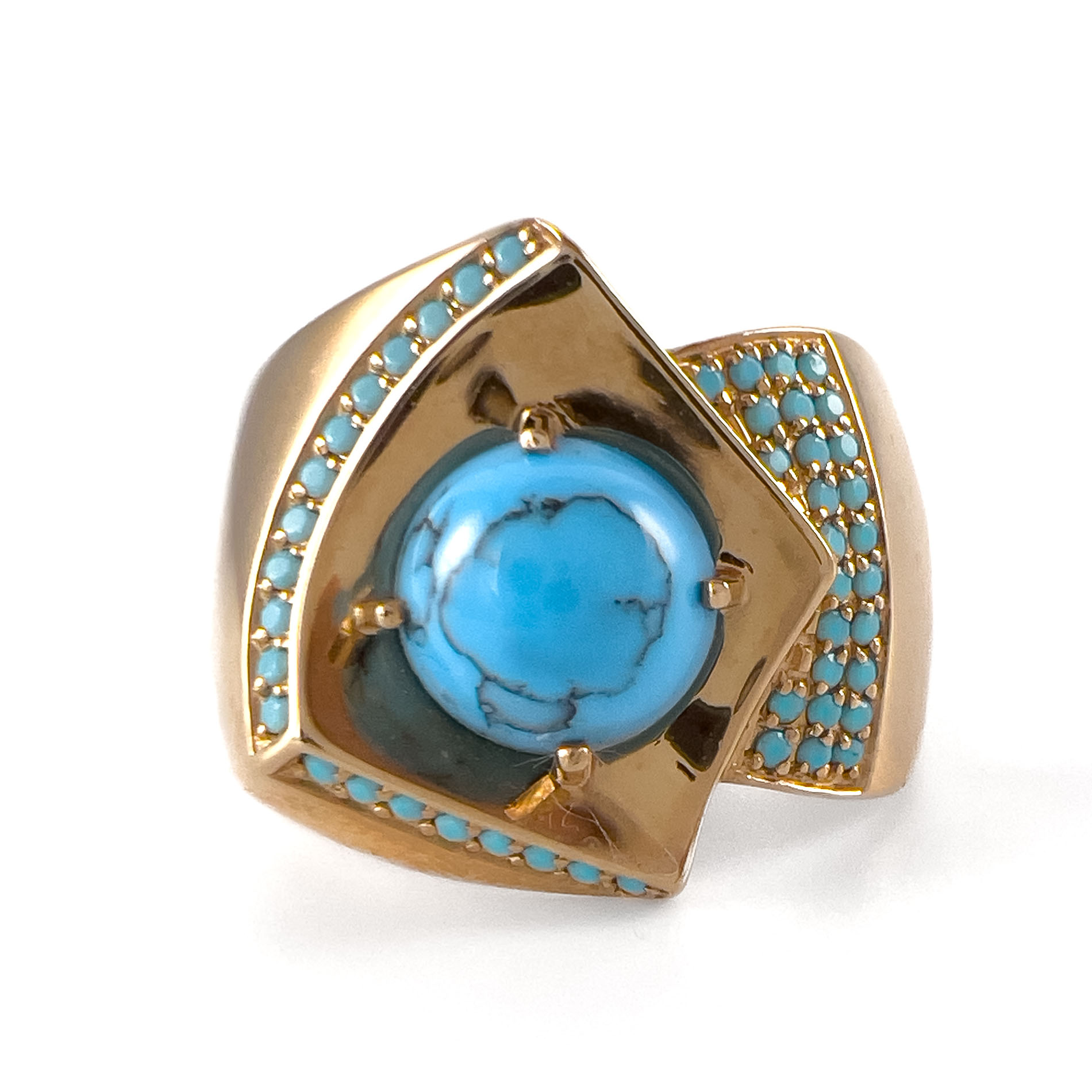 Кольцо из красного золота с бирюзой и фианитами