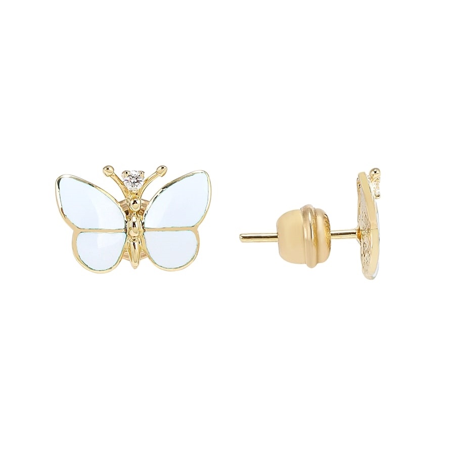Серьги пусеты из желтого золота с эмалью и бриллиантами «Бабочка»